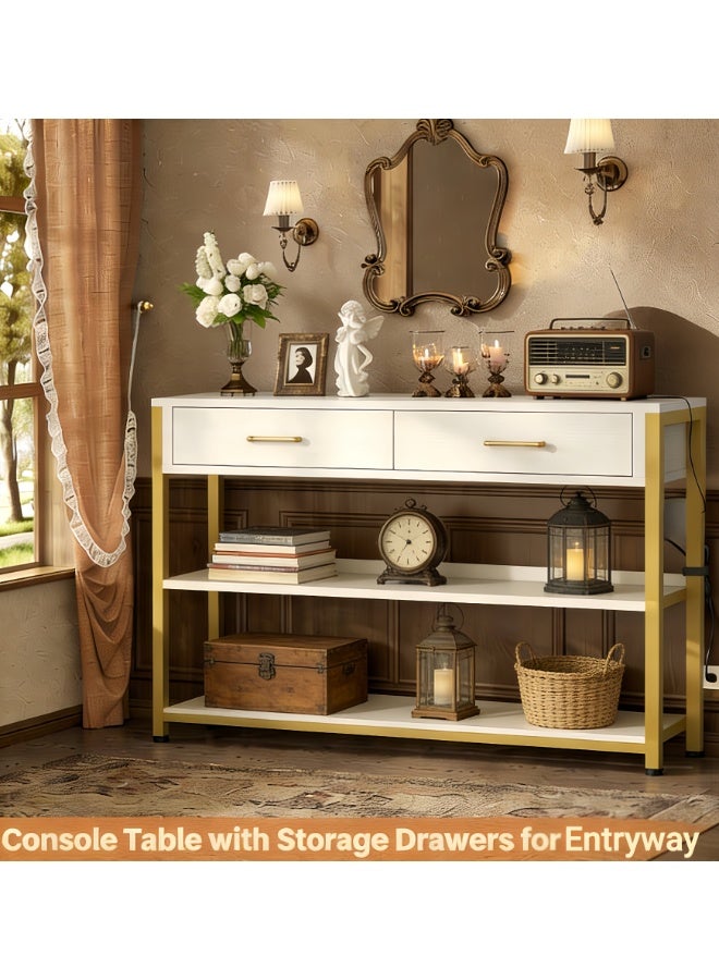 Entryway Table, Console Table with 2 Drawers, Sofa Table Narrow Long with Storage Shelves for Living Room, Couch, Hallway, Foyer, White and Golden (BJ100) - Image 1